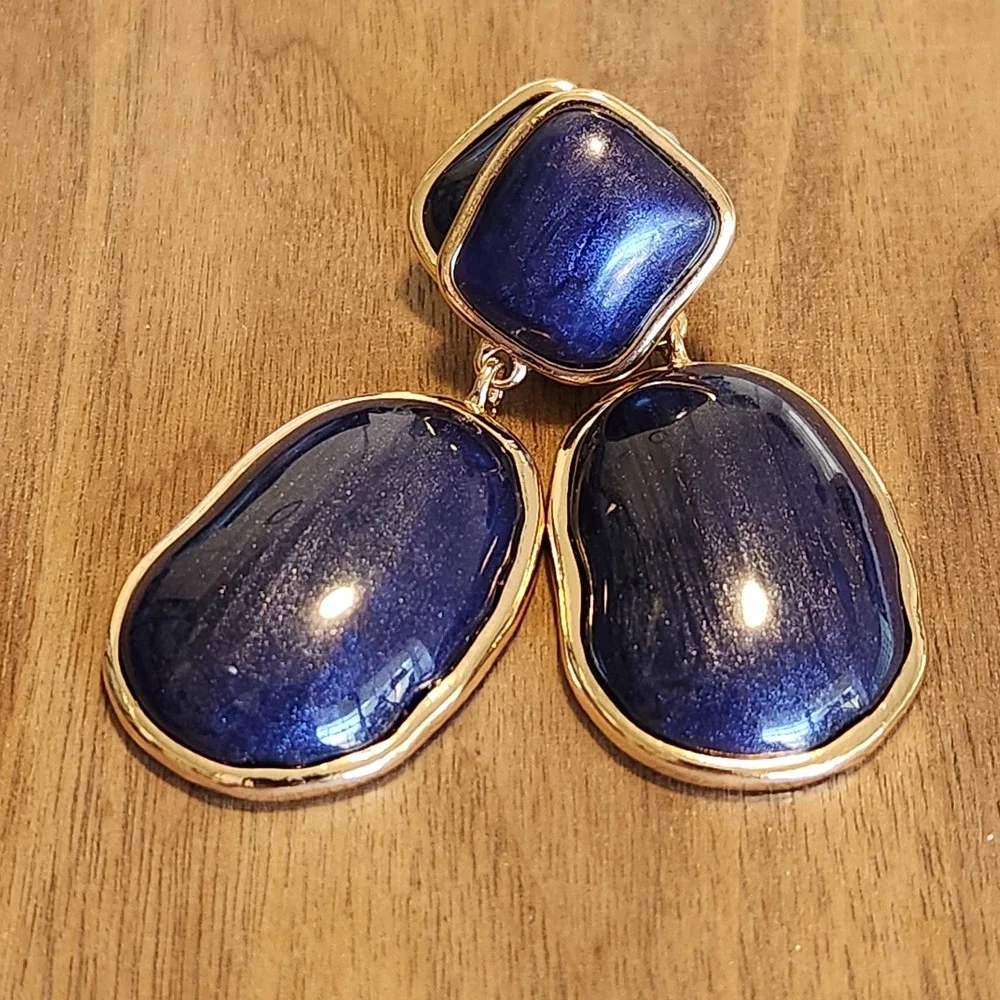 Navy Blue Shimmer Resin Drop Earrings Gold Tone Statement Oval Dangle Jewelry